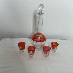 Mid Century Clear/Ruby Flash Decanter with 4 Glasses.